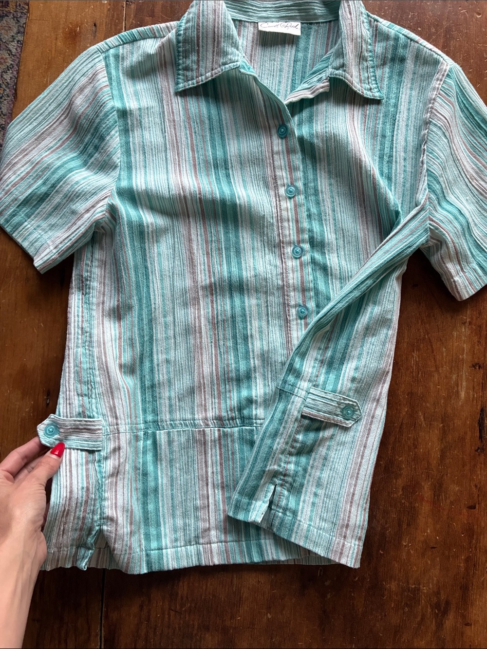 Vintage Carol Reed Boxy Striped Button Up Shirt Aqua - Linen - Picture 5 of 9